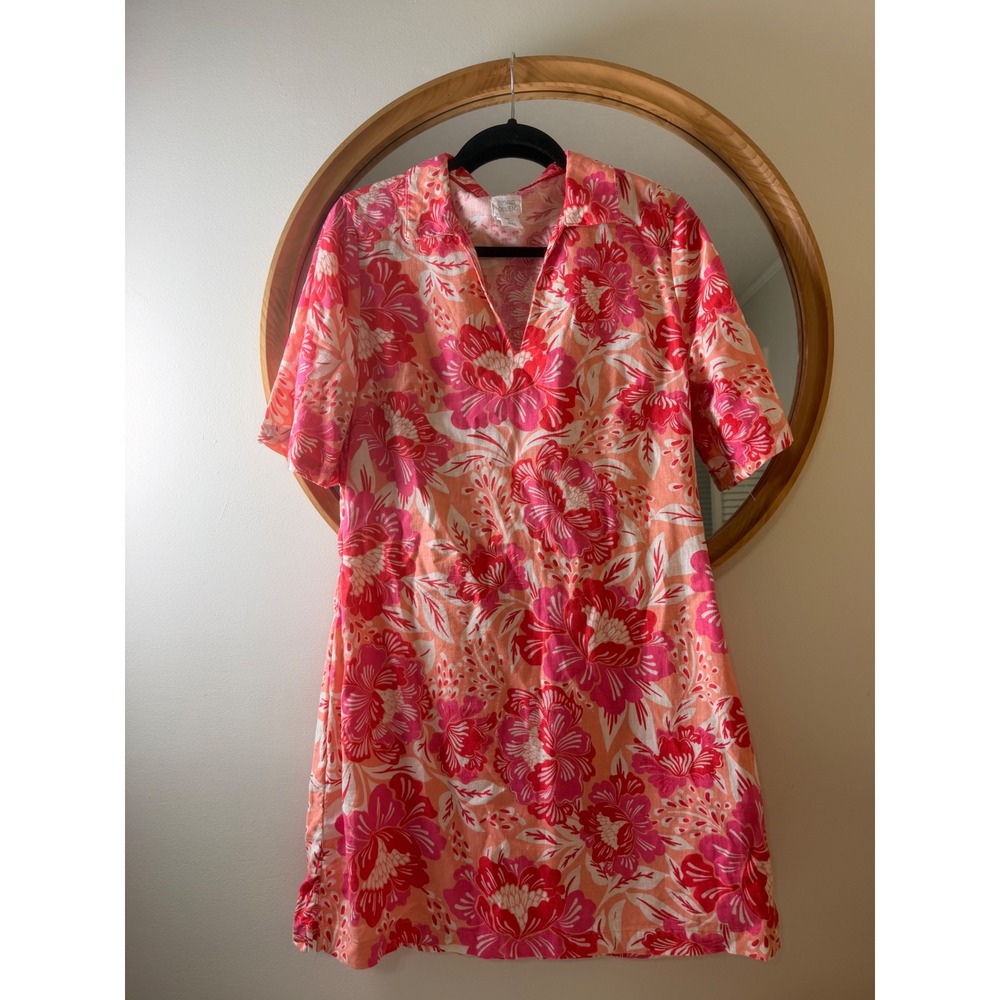 Sigrid Olsen Floral Shift Dress Womens 8 Pink Orange Excellent Tropical Hibiscus